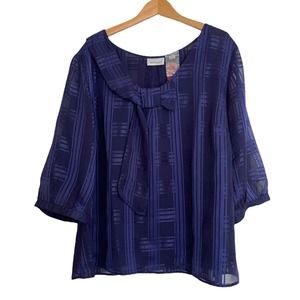 Avenue 22/24 BLOUSE Top Sheer Lined Blue Pullover Bow 3/4‎ Sleeve Pretty $45 NWT